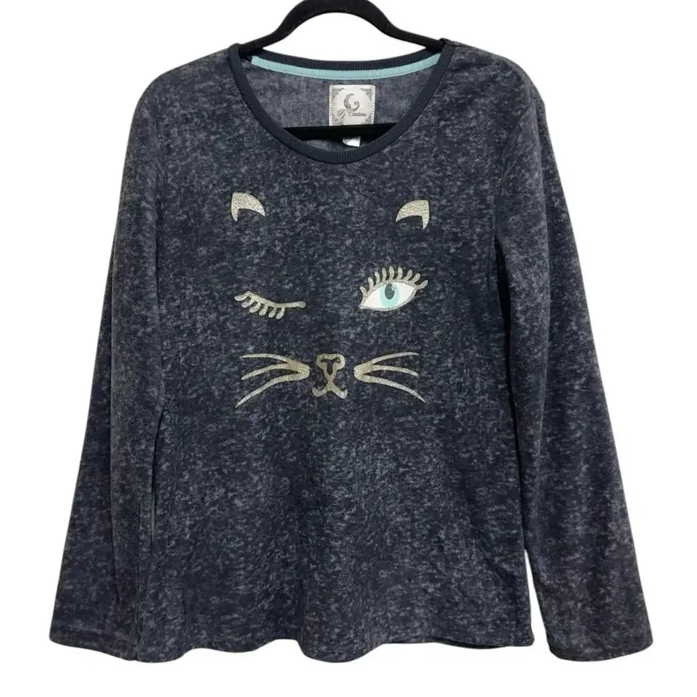 PJ Couture Winking Cat Plush Lounge Top Gray Women’s Large